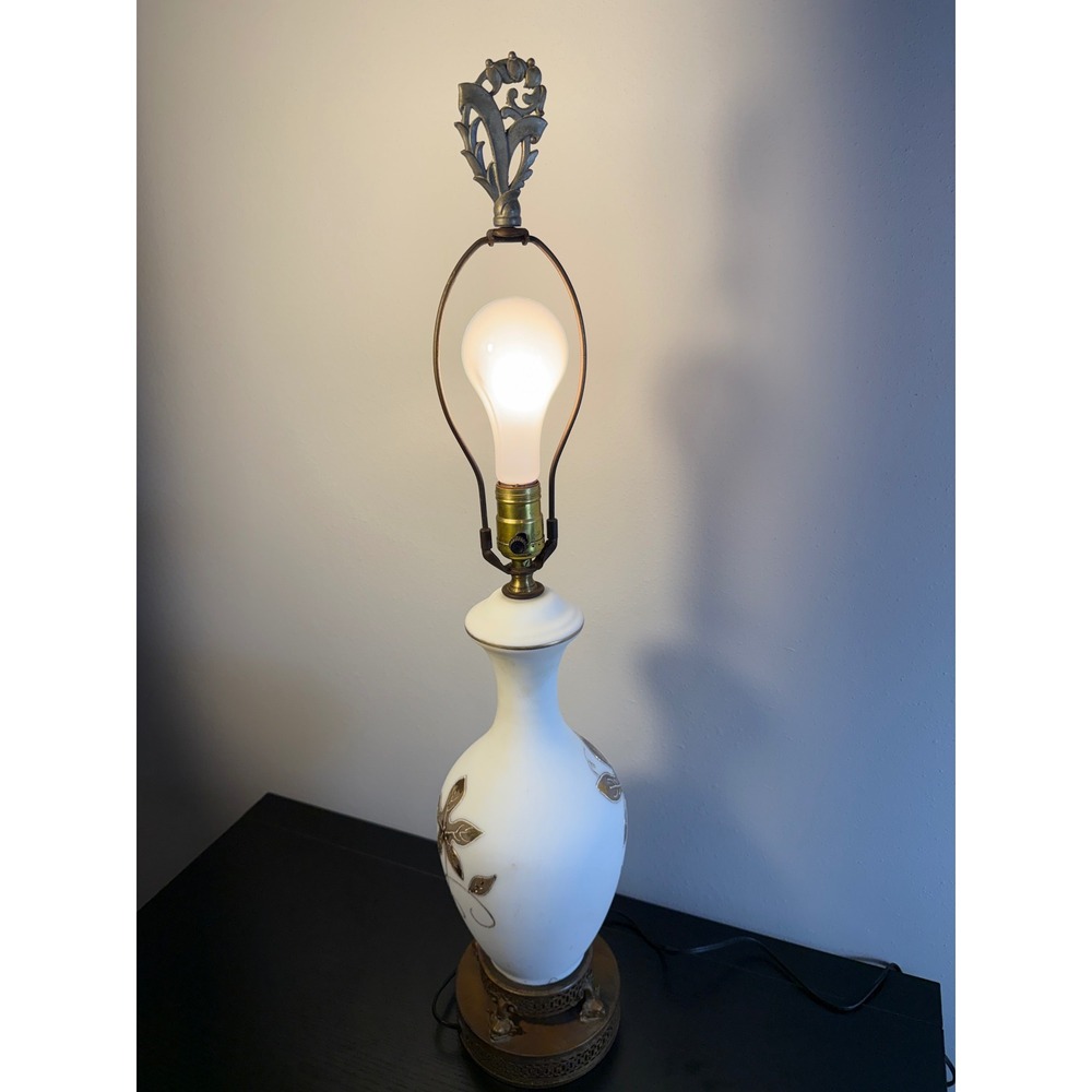 Vintage Mid Century Table Lamp Milk Glass Large White Floral Gilt Brass Base MCM